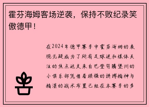 霍芬海姆客场逆袭，保持不败纪录笑傲德甲！