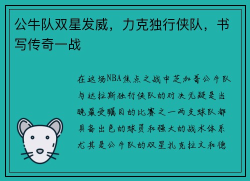公牛队双星发威，力克独行侠队，书写传奇一战